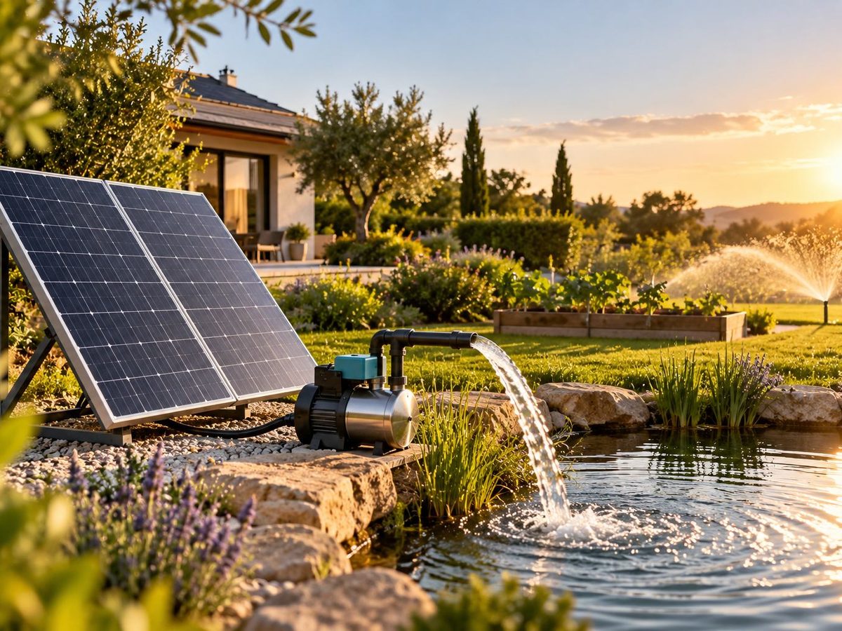 Pompe solaire de surface aliment&eacute;e par des panneaux photovolta&iuml;ques pour l'arrosage d'un jardin