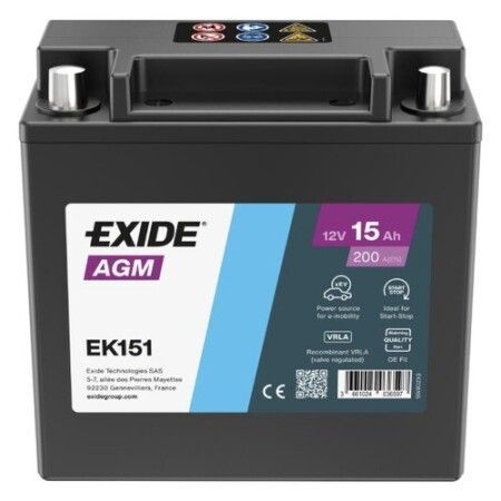 Batterie auxiliaire Exide AGM EK151 12V 15Ah 200A, vue de face