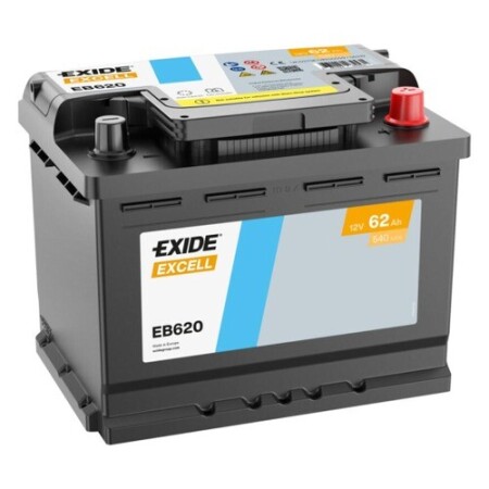 Batterie Exide Excell EB620 12V 62Ah 540A, vue trois quarts