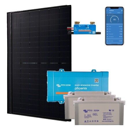 Kit solaire autonome 1000W : 2 panneaux Jolywood 500W, convertisseur Victron Phoenix 24V 800VA, 2 batteries GEL 165Ah et SmartShunt