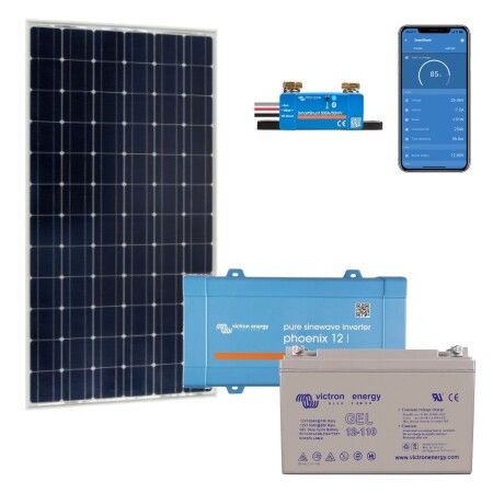 Kit solaire autonome 190W : panneau Victron BlueSolar 190W, convertisseur Phoenix 500VA, batterie GEL 110Ah et SmartShunt