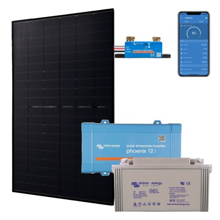 Kit solaire autonome 500W : panneau Jolywood 500W, convertisseur Victron Phoenix 500VA, batterie GEL 165Ah et SmartShunt