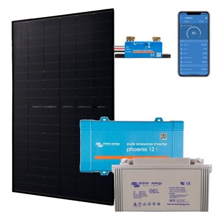 Kit solaire autonome 500W : panneau Jolywood 500W, convertisseur Victron Phoenix 800VA, batterie GEL 165Ah et SmartShunt