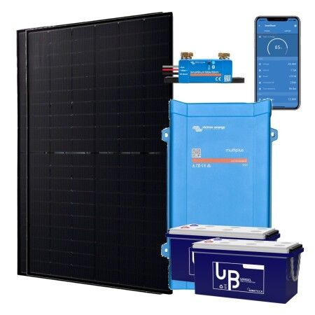 Kit solaire hors r&eacute;seau 1000W hybride 1600VA : 2 panneaux Jolywood 500W, Victron Multi 24V 1600VA, 2 batteries Uniteck GEL 150Ah et SmartShunt