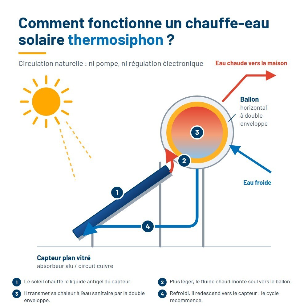 Schéma de fonctionnement d’un chauffe-eau solaire thermosiphon : capteur, ballon à double enveloppe et circulation naturelle