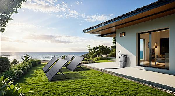 Station solaire plug and play pos&eacute;e sur une terrasse et branch&eacute;e sur une prise de courant