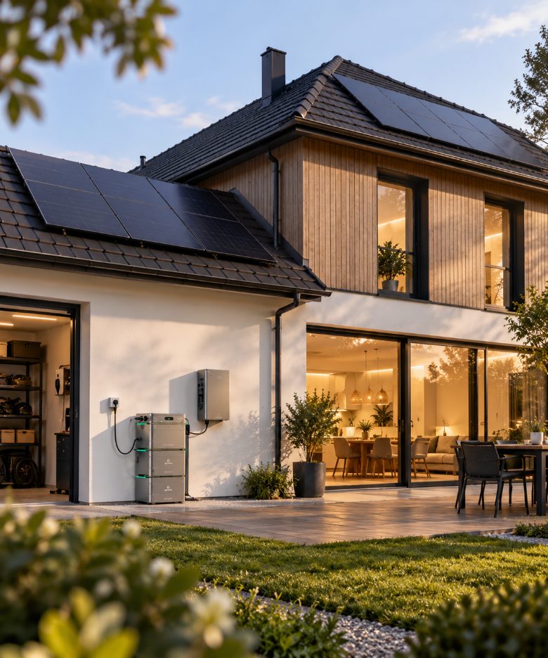 Kit solaire en autoconsommation install&eacute; sur la toiture d'une maison raccord&eacute;e au r&eacute;seau